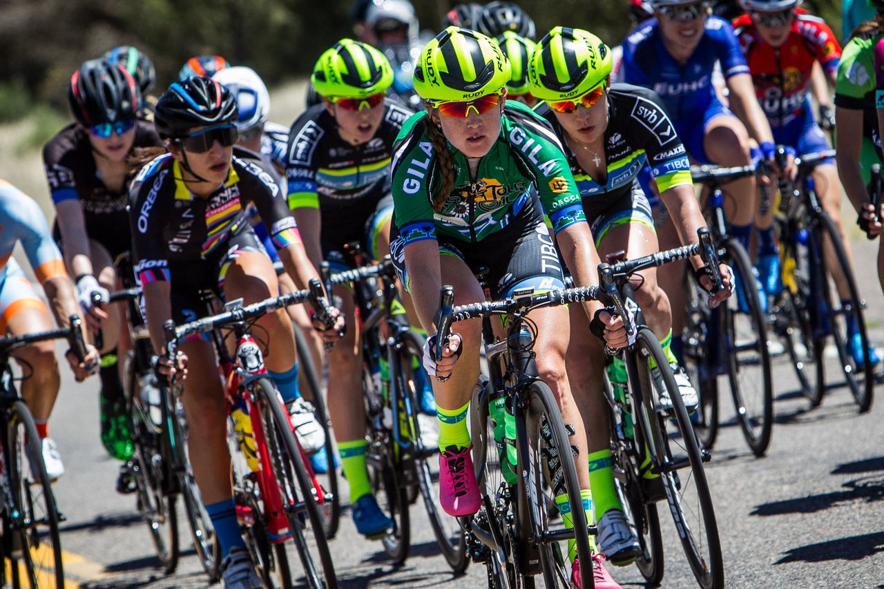 Lauren Stephens (TIBCO) riding in the sprint jersey during stage 2 at Tour of the Gila.