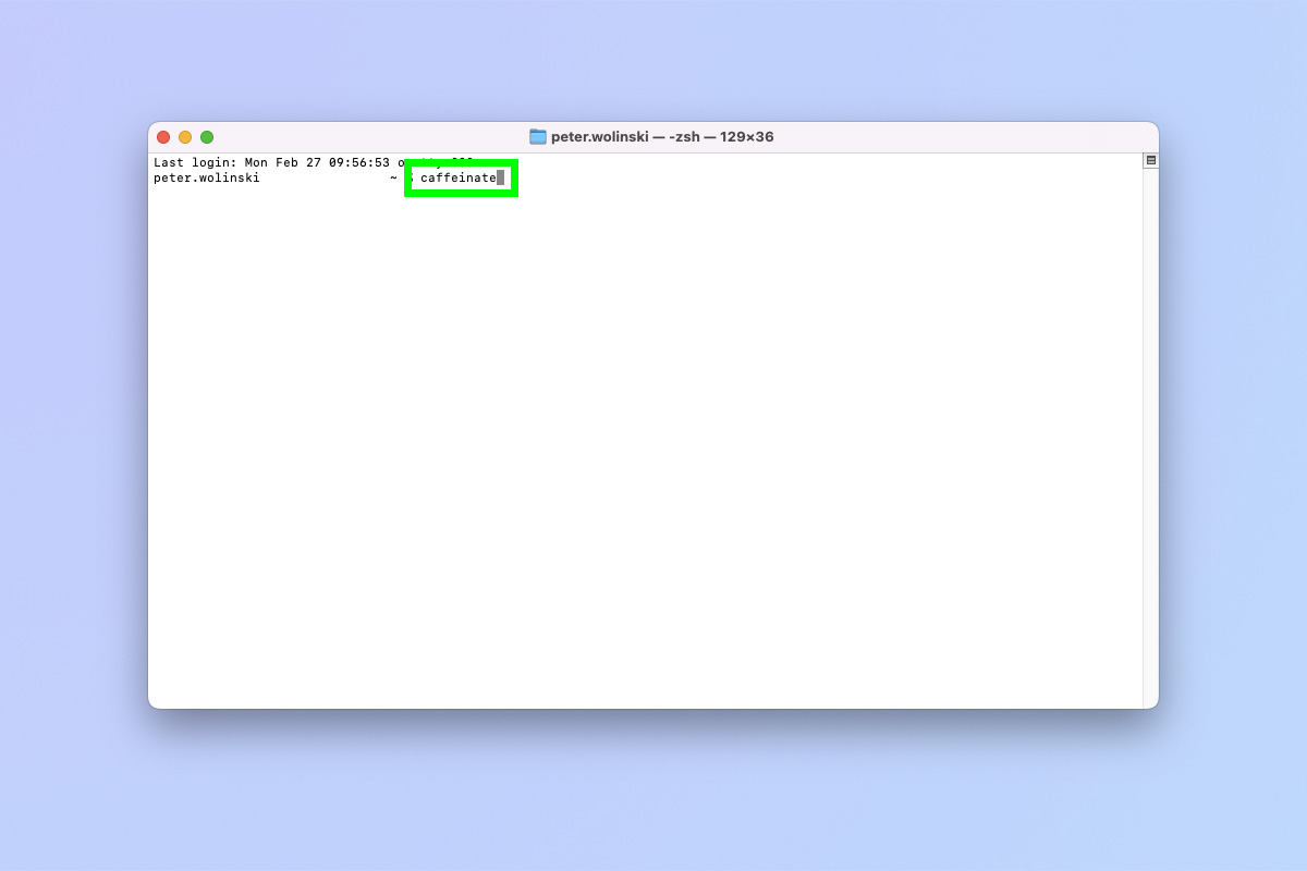 Una captura de pantalla que muestra cómo detener su Mac en reposo usando el comando Terminal cafeinado