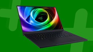 Razer Blade 16 gaming laptop on a green background