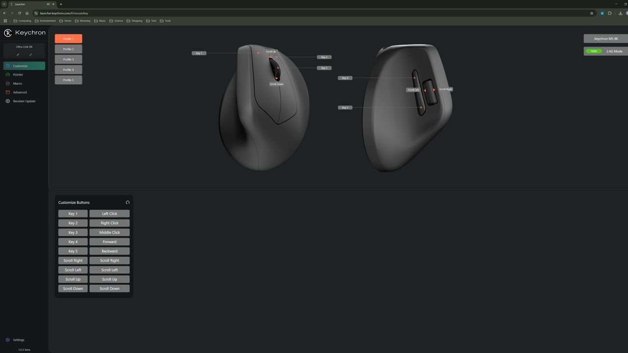 A screenshot of the Keychron Launcher, a web-based configuration tool for Keychron keyboards and mice