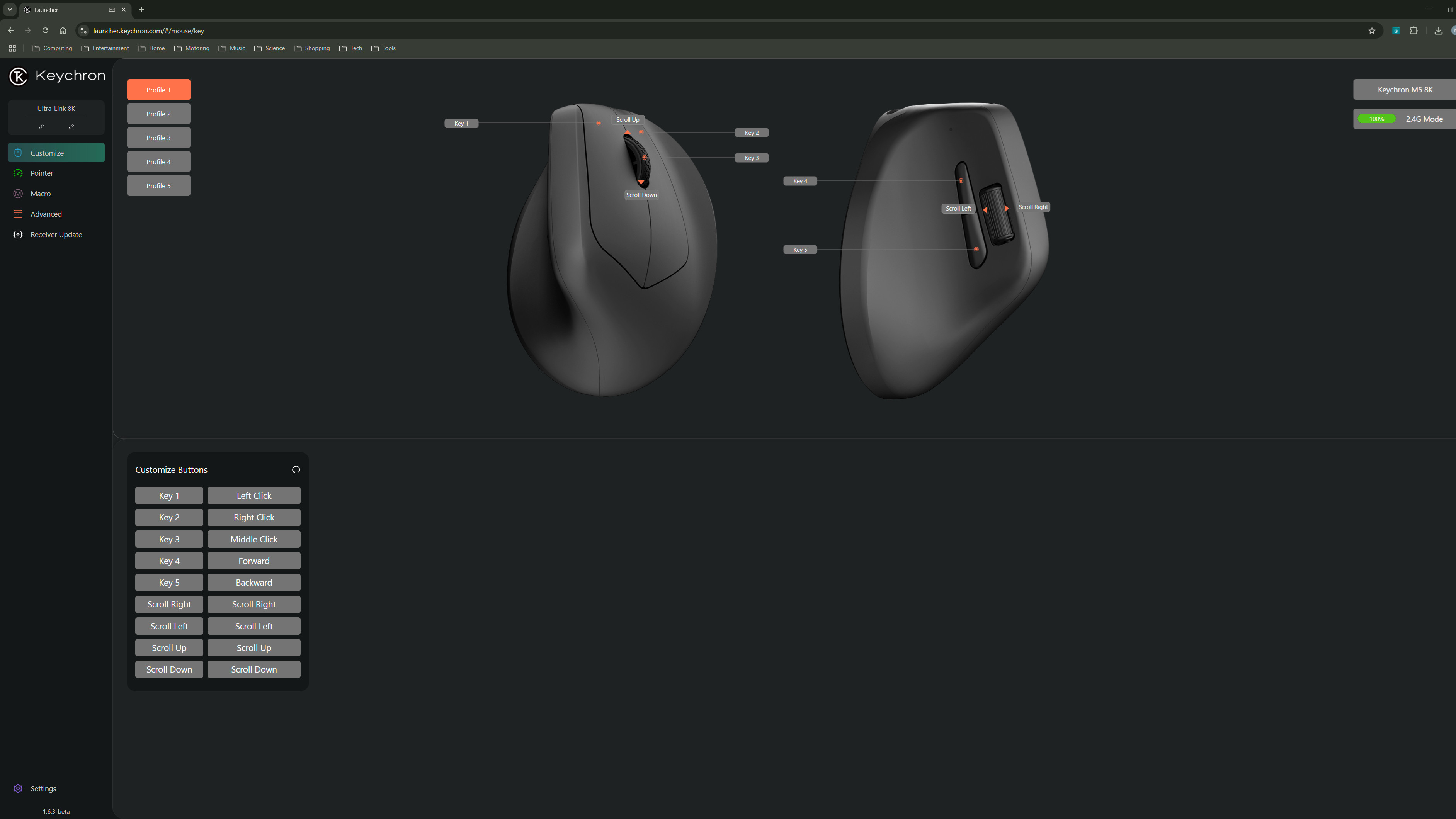 A screenshot of the Keychron Launcher, a web-based configuration tool for Keychron keyboards and mice