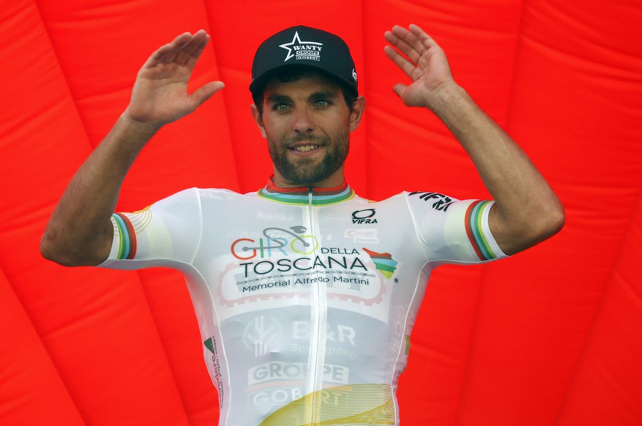 Andrea Pasqualon (Wanty-Groupe Gobert) celebrates his first win of the year at the Coppa Sabatini.