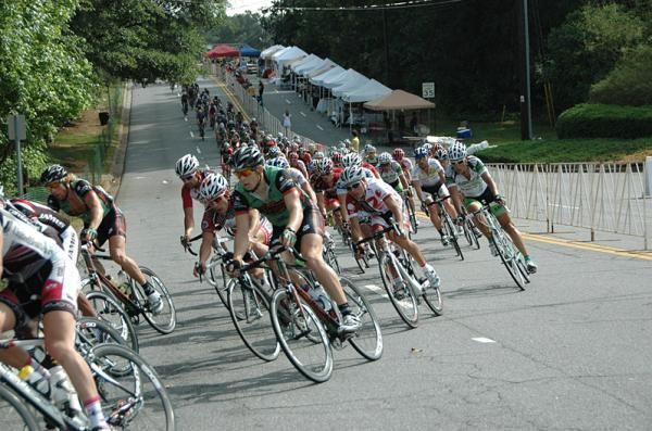 The men's peloton stretched for nearly a quarter of the way around the course.