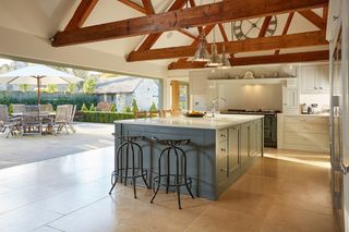 kitchen with wooden beams on ceiling