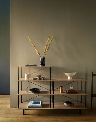 Modular shelving with vases and books