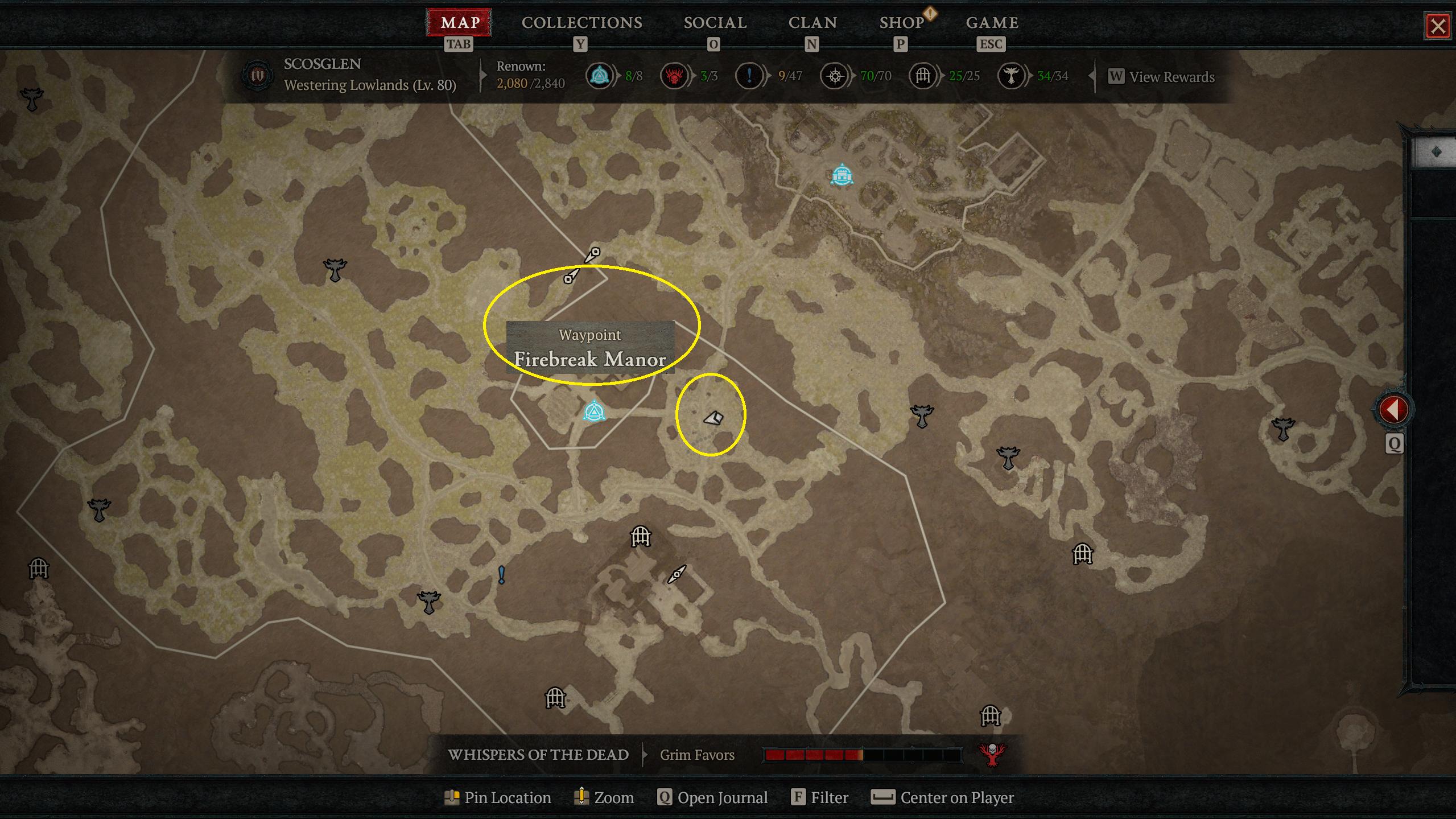 Карта, показывающая местонахождение Фокса в Diablo 4