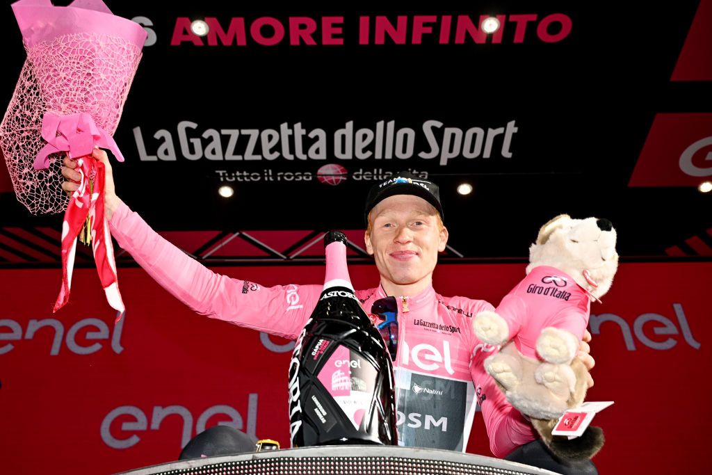 GRAN SASSO DITALIA CAMPO IMPERATORE ITALY MAY 12 Andreas Leknessund of Norway and Team DSM Pink Leader Jersey celebrates at podium during the 106th Giro dItalia 2023 Stage 7 a 218km stage from Capua to Gran Sasso dItalia Campo Imperatore 2123m UCIWT on May 12 2023 in Gran Sasso dItalia Campo Imperatore Italy Photo by Stuart FranklinGetty Images