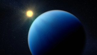 An artist's illustration shows a bright blue planet in the foreground with a yellow, glowing star in the background.