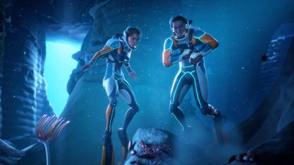 Subnautica 2 early access cinematic trailer screenshot shows two characters underwater.