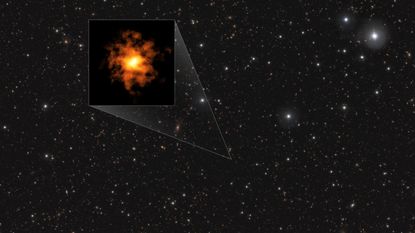 A view of a starry sky with an inset image showing the location of the REBELS-25 galaxy