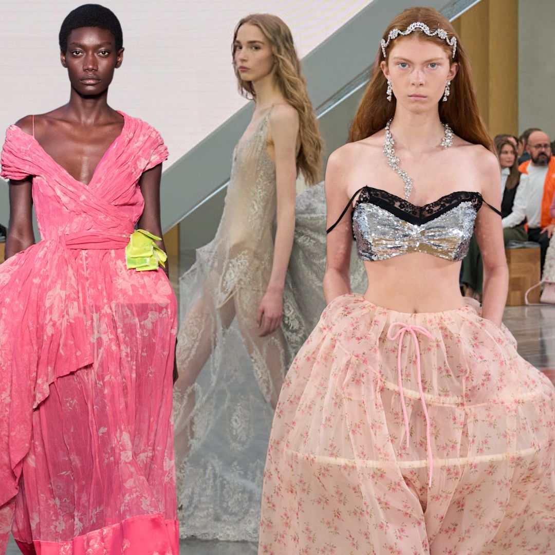models wearing hoop skirts at fashion week 
