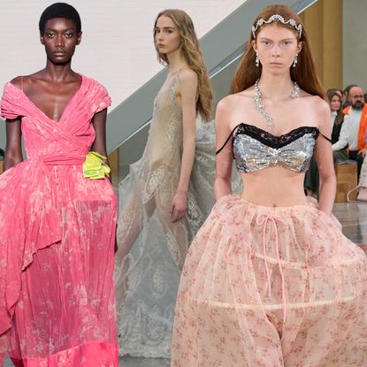models wearing hoop skirts at fashion week 