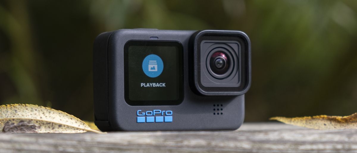 The GoPro Hero 10 Black on a wooden bench