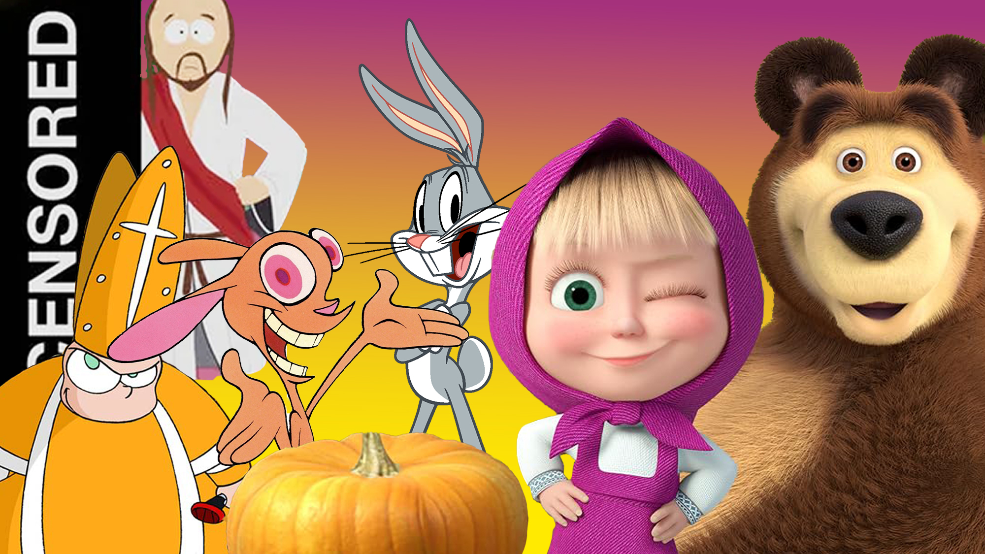 Characters from the most controversial cartoons: South Park, Popetown, Masha and the Bear, Bugs Bunny and Ren and Stimpy