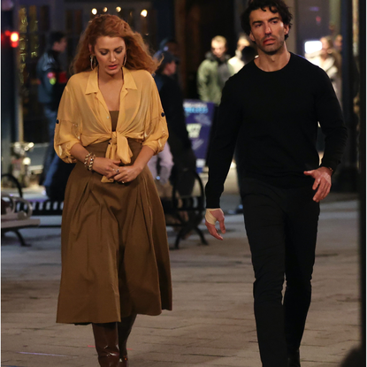 Blake Lively and Justin Baldoni are seen on the set of 'It Ends with Us' on January 12, 2024 in Jersey City, New Jersey.