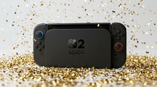 A render of a Nintendo Switch 2 covered in gold confetti