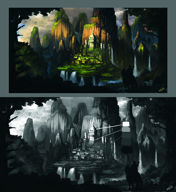 Create convincing environment. Two versions of a dark palace icon, one color, a black and white