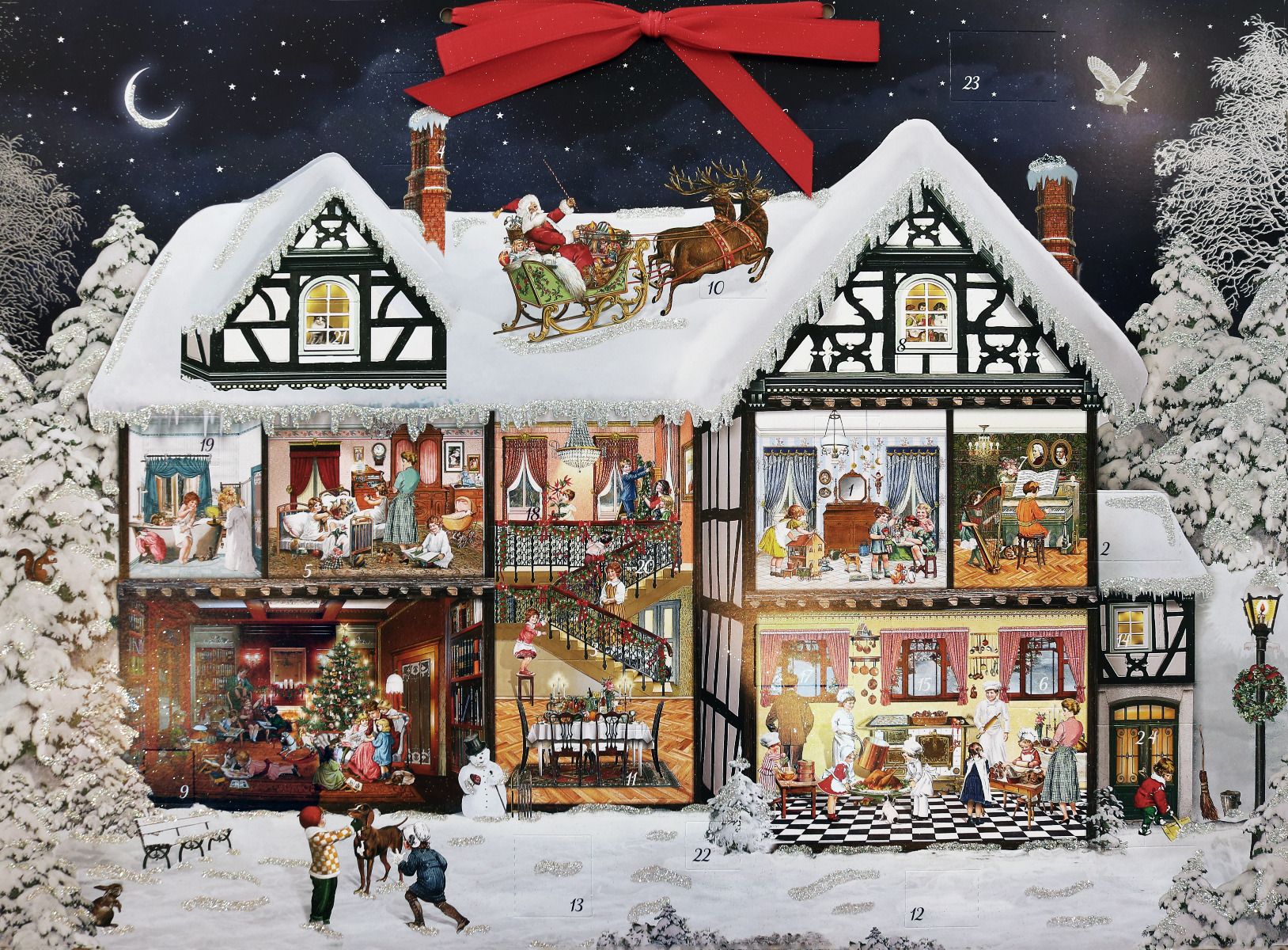 A traditional paper advent calendar scene