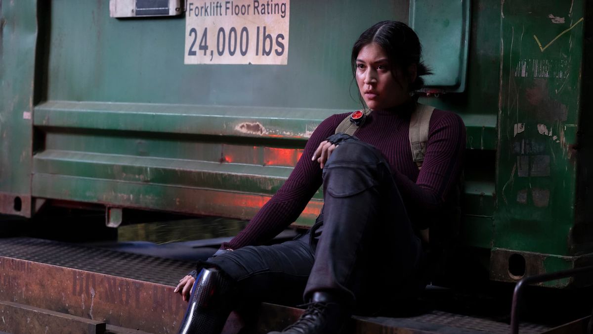 Maya Lopez sits on the edge of a train carriage in Marvel Studios&#039; Echo TV show