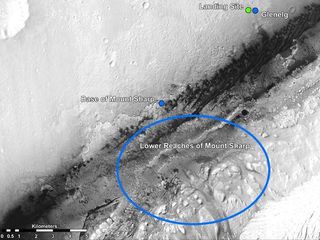 This image from NASA's Mars Reconnaissance Orbiter shows the Curiosity rover landing and destinations scientists want to investigate. The rover's first driving target is the region marked by a blue dot that is nicknamed Glenelg. Released Aug. 17, 2012.