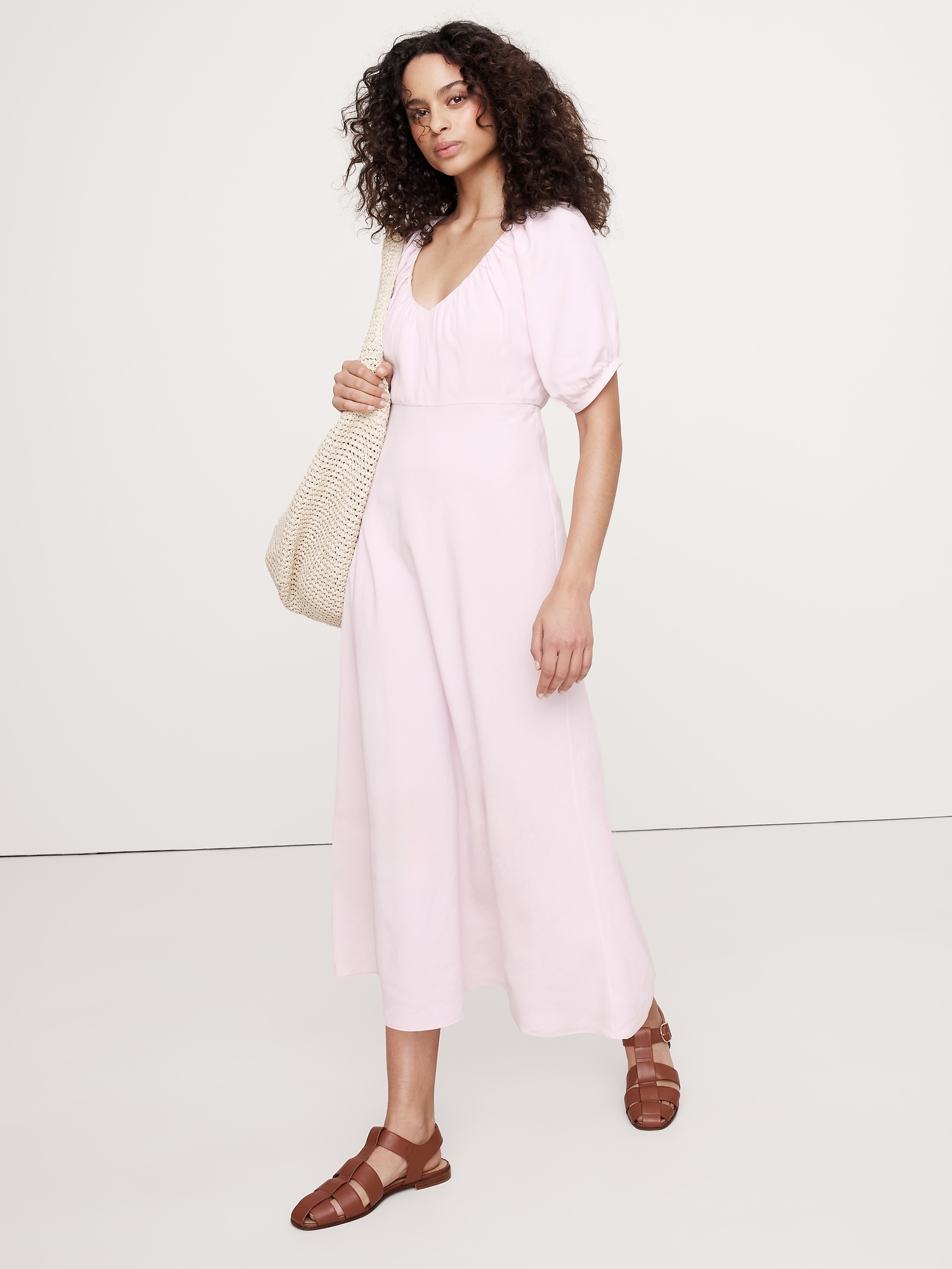 Viscose-Linen Dupioni Ruched Long Midi Dress