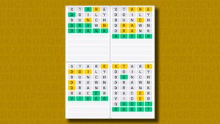 Quordle Daily Sequence answers for game 939 on a yellow background