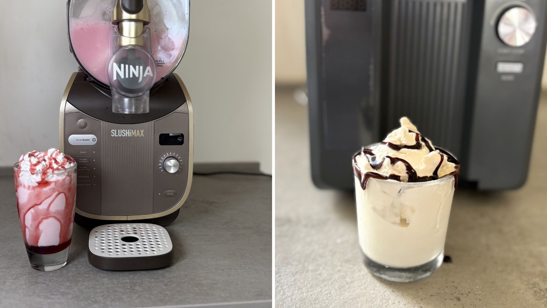 Ninja Slushi Max Frozen Drinks Maker making a slushie with a milkshake and ice cream