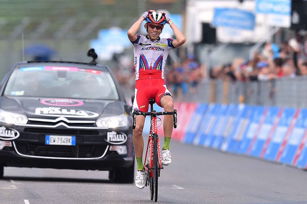 Ilnur Zakarin (Katusha) celebrates his win on the F1 track in Imola.