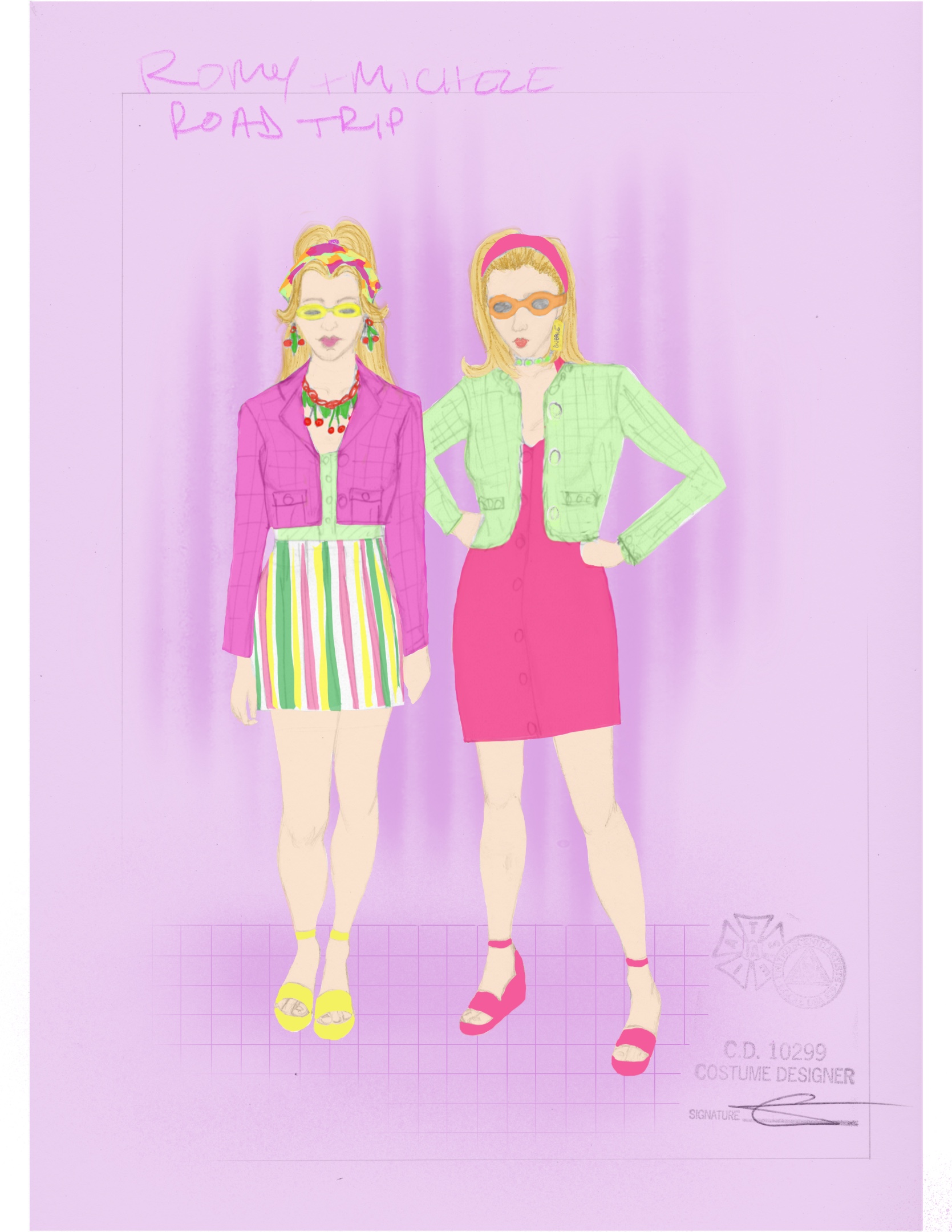 romy and michele off broadway costume design sketches of their pink and green los angeles ensembles