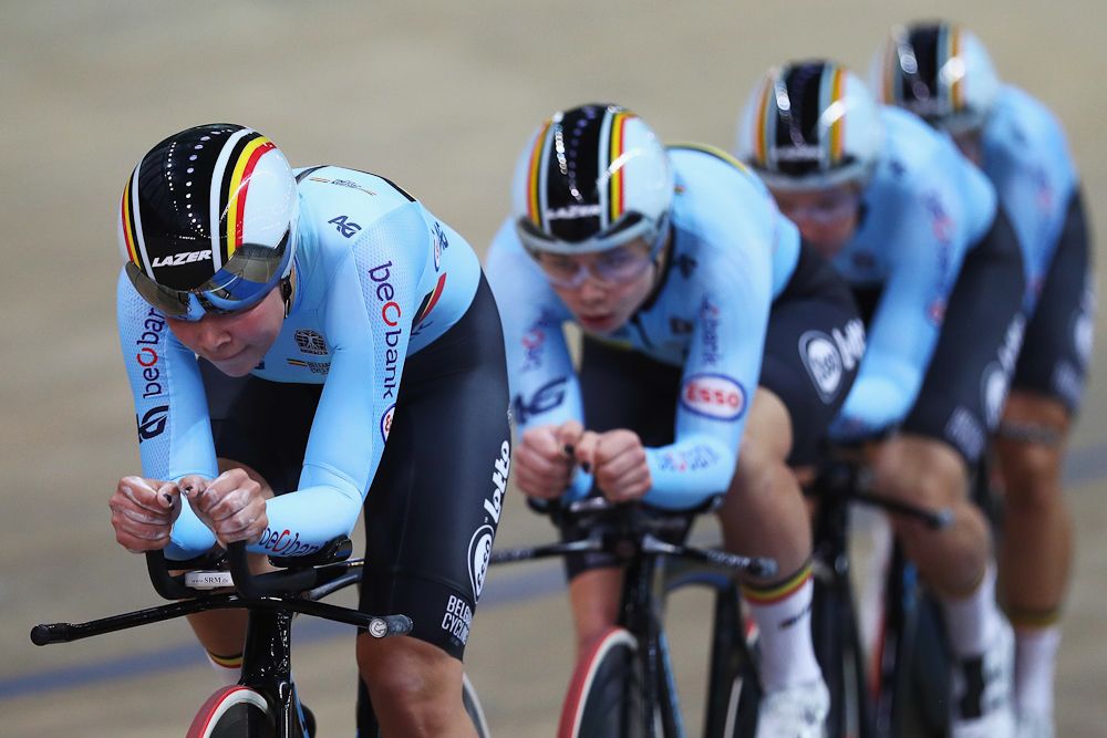 Lotte Kopecky, Shari Bossuyt, Jolien D'hoore and Annelies Dom of Belgium compete in the Women's Team Pursuit qualifying on day one of the UCI Track Cycling World Championships