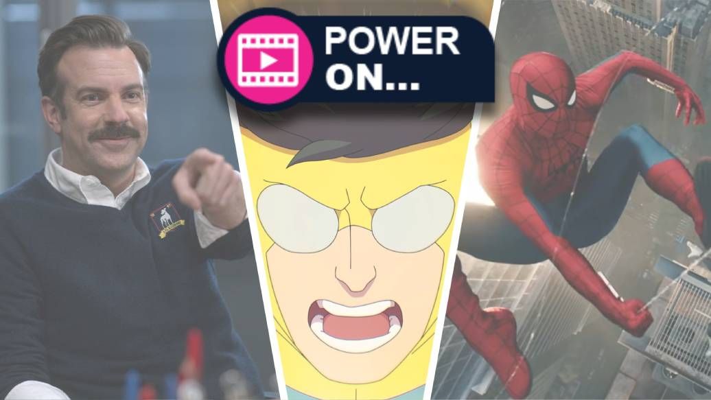 A composite image featuring Ted Lasso, Invincible, and Spider-Man: Brand New Day with TechRadar's Power On badge on top