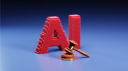 AI in big red letters behind a judge’s gavel and bloc