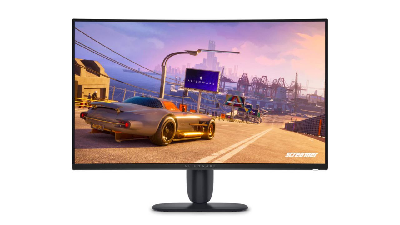 Alienware AW3226DM monitor with Screamer gameplay on screen.