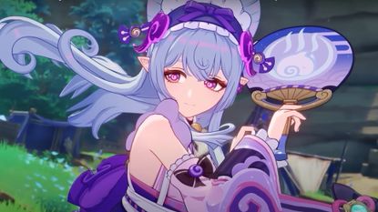 Games like Genshin Impact: A screenshot of a character wearing a purple outfit during Genshin Impact. 