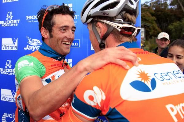 Super-domestique Pat Shaw congratulates Genesys teammate Nathan Haas on securing overall