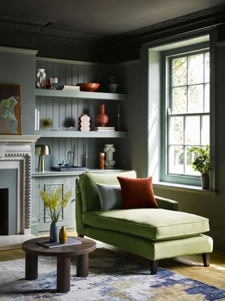 small grey living room with green chaise longue by Sofa.com