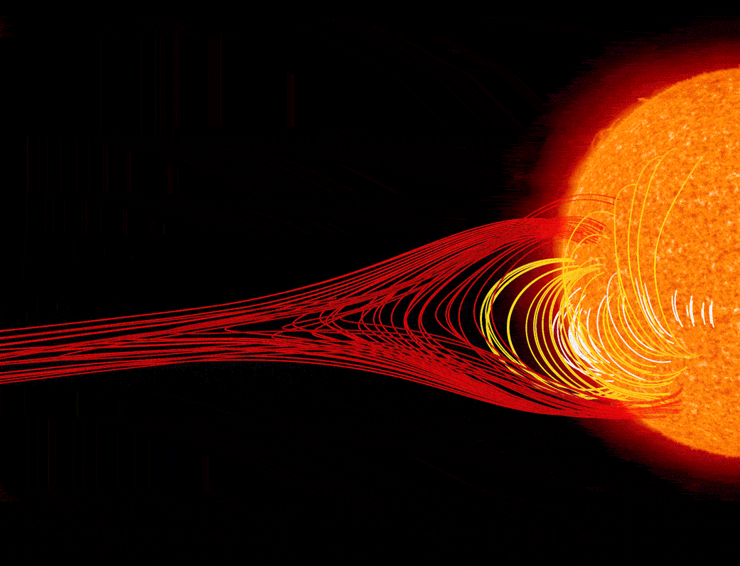 A new study of a "missing link" solar eruption hopes to figure out the mechanism that causes all solar eruptions. This simulations shows the evolution of a stealth CME. Differential rotation creates a twisted mass of magnetic fields on the sun, which then pinches off and speeds out into space. The image of the sun is from NASA’s STEREO spacecraft. Colored lines depict magnetic field lines, and the different colors indicate in which layers of the sun’s atmosphere they originate. The white lines become stressed and form a coil, eventually erupting from the sun.