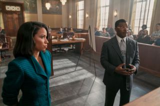 Jurnee Smollett and Jamie Foxx in the courtroom in The Burial