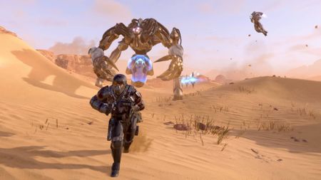 Helldivers 2 helldiver running away from Illuminate with de-escalator