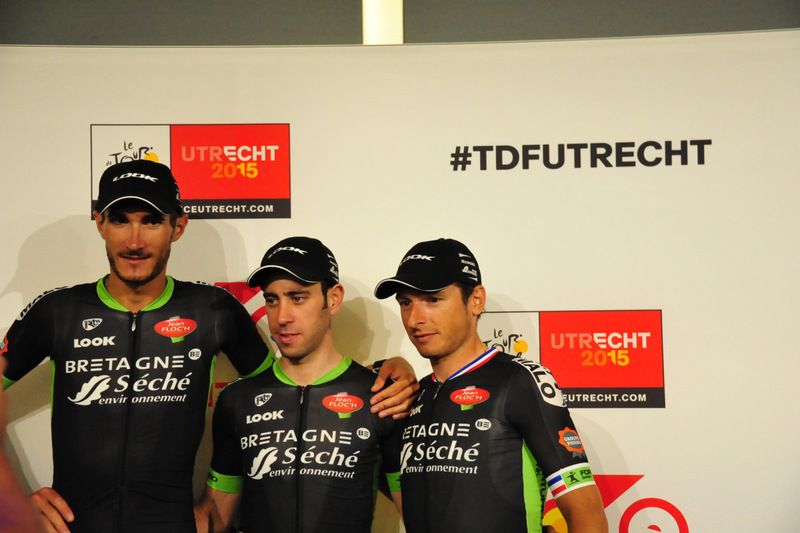 Brice Feillu, Eduardo Sep&uacute;lveda and Pierrick F&eacute;drigo at the team press conference