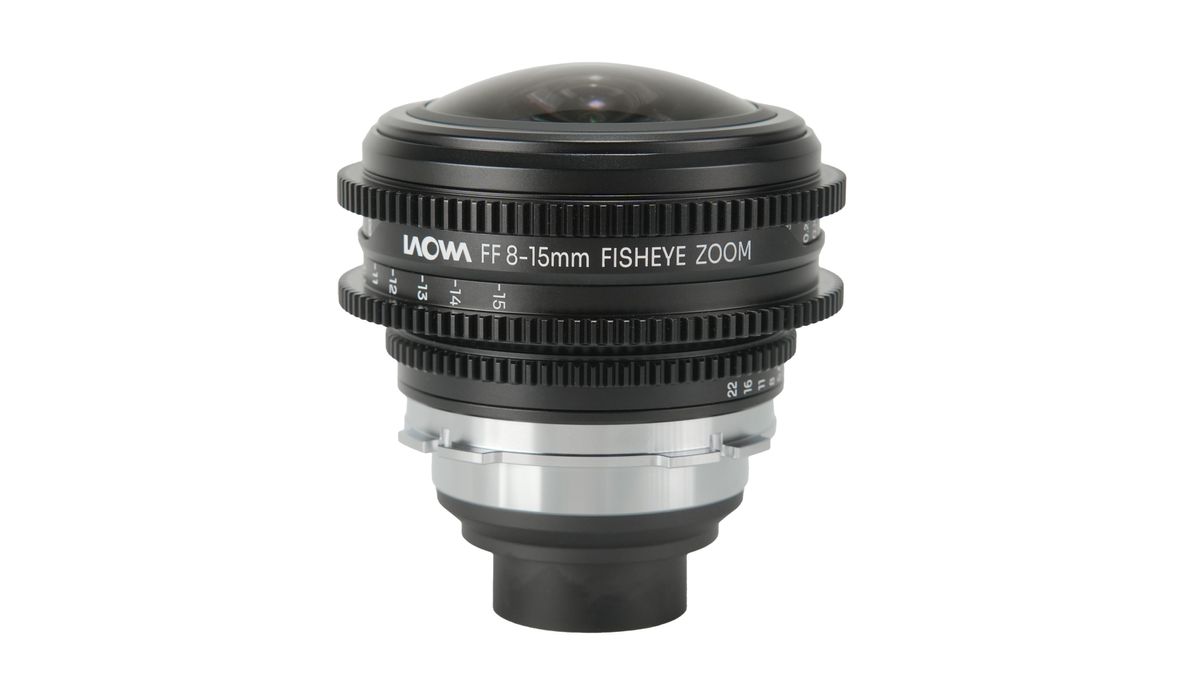 The Laowa 8-15 T/2.9 fisheye cinema lens on a white background