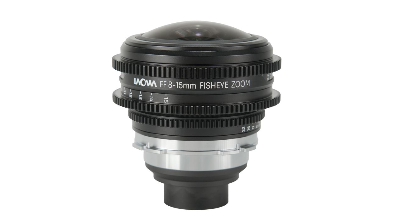 The Laowa 8-15 T/2.9 fisheye cinema lens on a white background