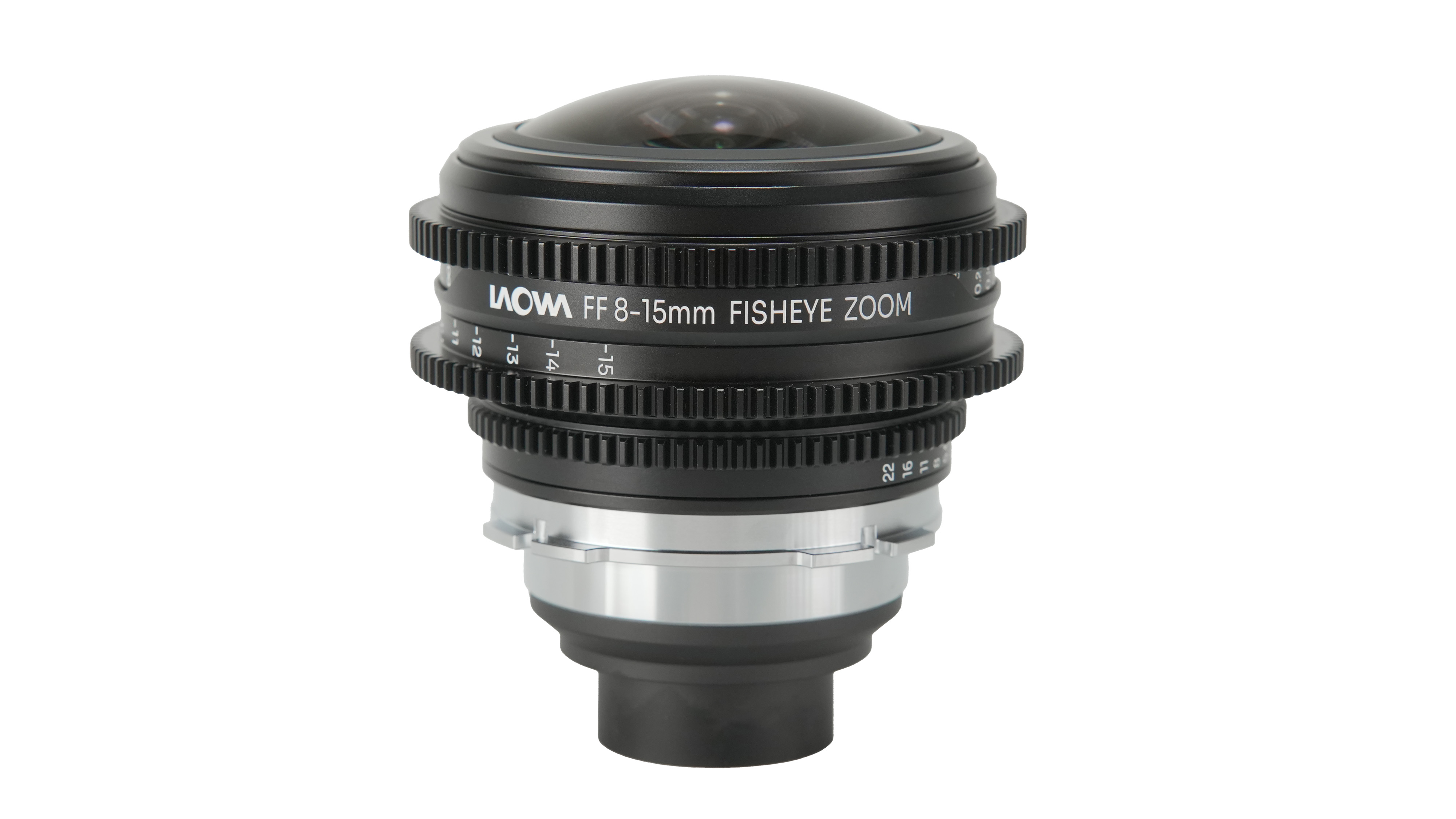 The Laowa 8-15 T/2.9 fisheye cinema lens on a white background