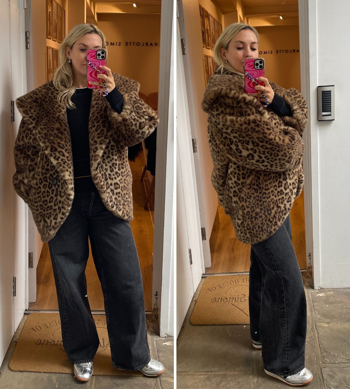 Clementina Jackson tries on the charlotte simone honey coat