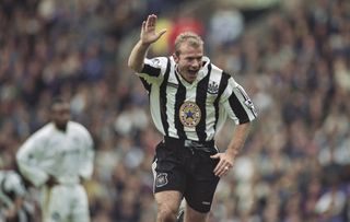 Alan Shearer celebrates after scoring for Newcastle against Leeds in 1996.
