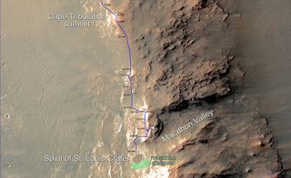 This map shows the progress NASA's Mars Rover Opportunity is making toward reaching a driving distance equivalent to a marathon footrace — 26.219 miles, or 42.195 kilometers.