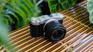 A Fujifilm X-M5 camera sitting on a wooden table surrounded by green leaves