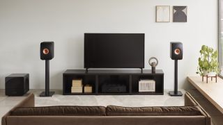 KEF LS50 Meta speakers in living room environment with TV