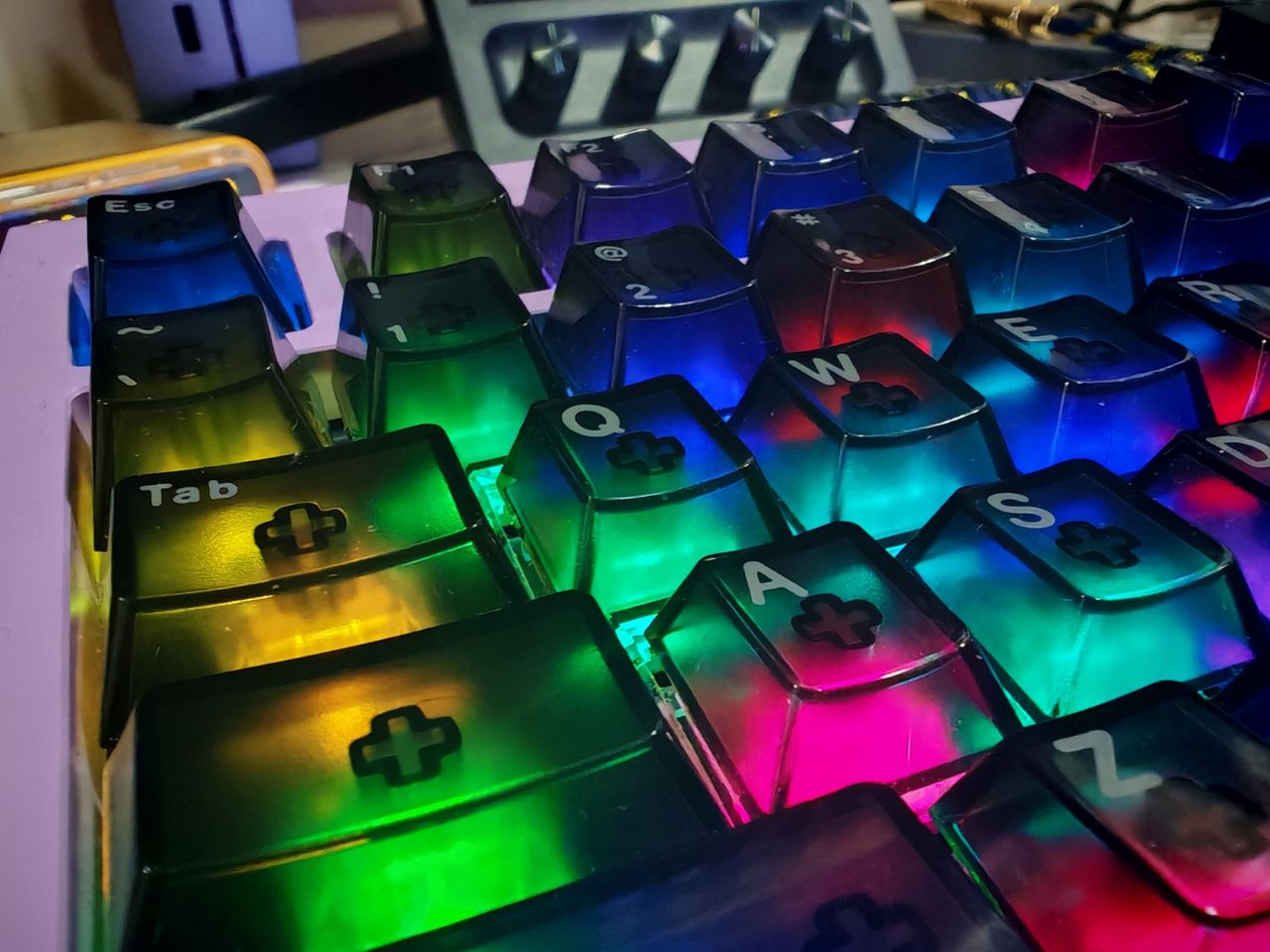 Photo taken with Porsche Design Honor Magic 6 RSR of a gaming keyboard with see-through keys