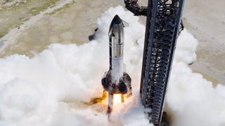 SpaceX conducts a full-duration static fire test with its Flight 11 Starship upper-stage vehicle. This is a still from a video the company released on X on Sept. 22, 2025.